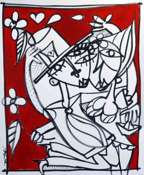 QUADRO MODERNO ROSSO CON FIGURE IN BIANCO E NERO