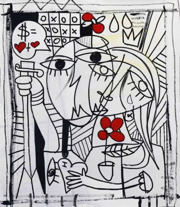 DIPINTO MODERNO IN BIANCO E NERO POP ART KISS BACIO FIORE ROSA ROSSO E BIANCO E NERO