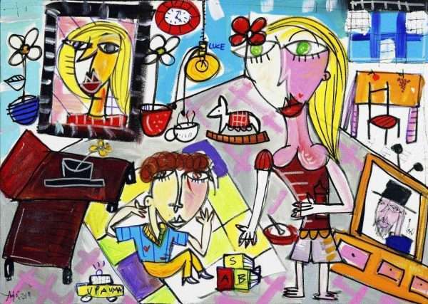 Quadro moderno autoritratto della mia famiglia, dipinto moderno con quadro con cornice, televisore a plasma, tappeto colorato, bambino che gioca sul tappeto, mamma che gioca con il figlio. quadro moderno arredamento casa e sala da pranzo