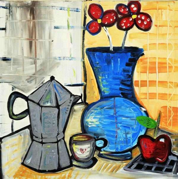 quadro moderno con caffettiera, tavolo imbandito con pietanze, colazione, arredamento b&b, quadri moderni per arredare la cucina