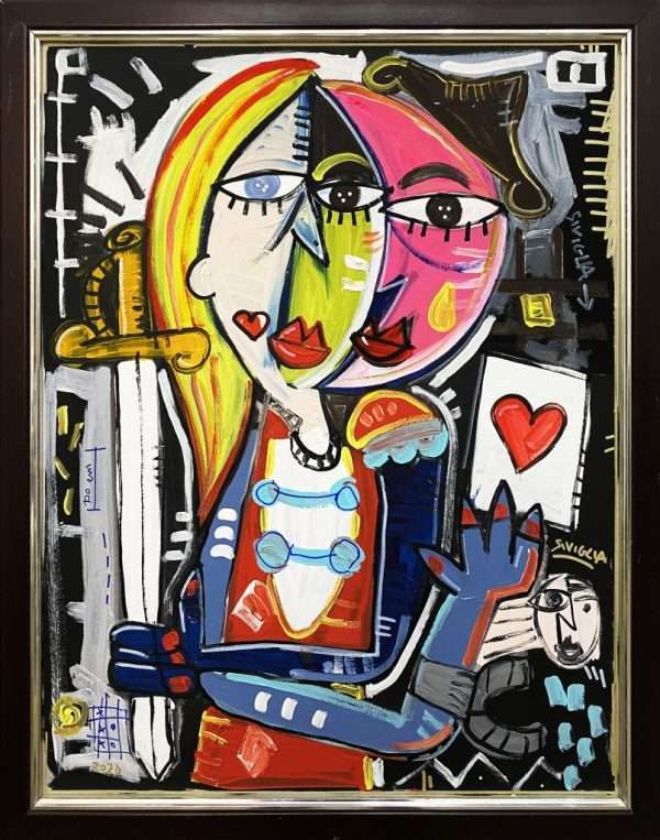 Quadro moderno ritratto di donna in stile cubista con fondo nero e forti contrasti. Artista contemporaneo Alessandro Siviglia