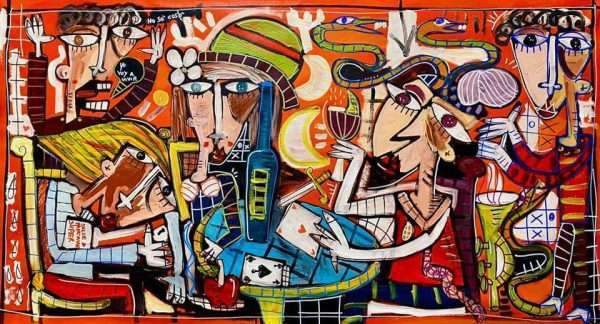 POKER E VINO QUADRO OLIO SU TELA