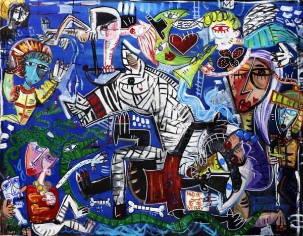 quadro grande con fondo blu scena complessa surreale con tanti caratteri simboli e dettagli