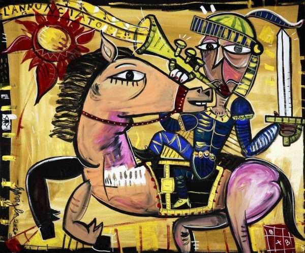 DIPINTO MODERNO PER ARREDARE CASA IN STILE CUBISTA PUPO SICILIANO SU CAVALLO CON TROMBA SU FONDO DORATO
