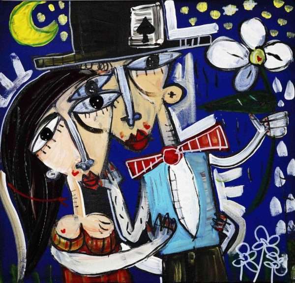 40x40 l'incato di te, olio su tela che raffigura due sposi, quadro moderno per matrimonio o nozze d'argento, luna di mile, quadri figurativi gli sposi.