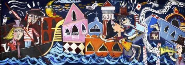 beautiful painting of Venice with the Canal Grande, the gondolas and gondoliere, two lovers kissing at the Rialto bridge, a lovelz memorz of a romantic holiday in Italy