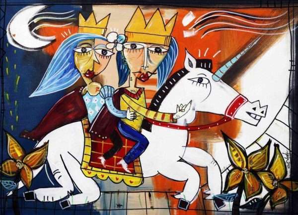 DIPINTO MODERNO OLIO SU TELA COPPIA CHE SCAPPA SU UN UNICORNA