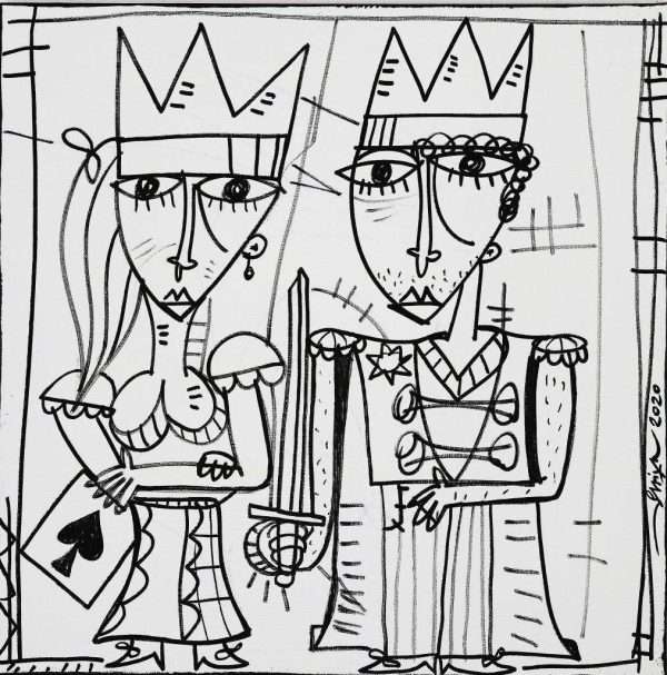 quadro in bianco e nero che raffigura una regina e un re