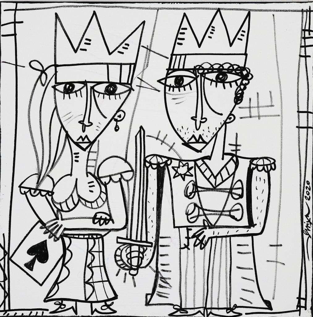 quadro in bianco e nero che raffigura una regina e un re