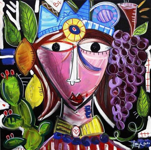 QUADRO MODERNO CON TESTA DI MORO DONNA CHE RAPPRESENTA LA SICILIA CON LIMONI, FICHIDINDIA, UVA E ARANCE