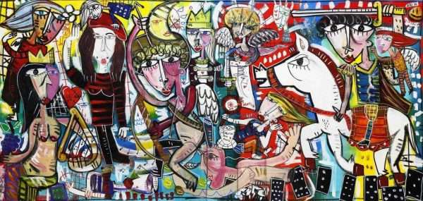 dipinto grande con scena figurativa molto complessa in stile cubista contemporanea, ideale per arredare grandi spazi come una sala di ricevimento in un albergo