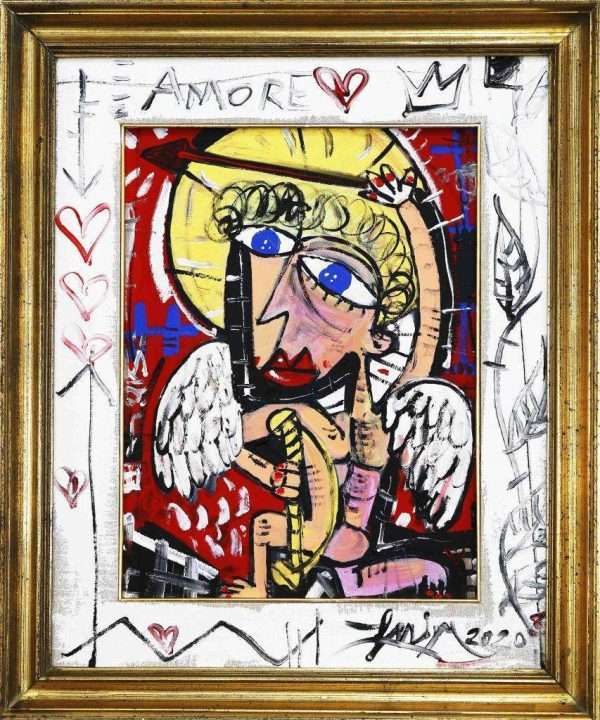 DIPINTO MODERNO IN STILE CUBISTA CONTEMPORANEO CHE MOSTRA EROS IL DIO DELL'AMORE CON L'ARCA E LA FRECCIA