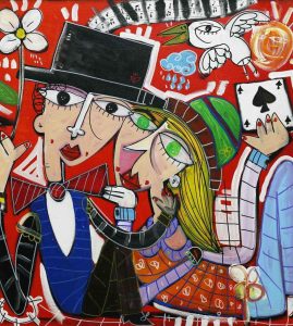 Beautiful romantic painting on an intense red background.