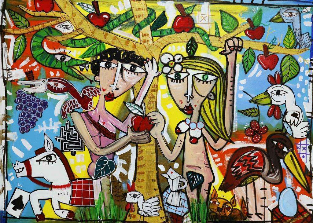 Ein farbenfrohes dekoratives Bild was Adam und Eva zeigt, wie sie unter dem Baum des Wissens stehen und Eva Adam den Apfel reicht