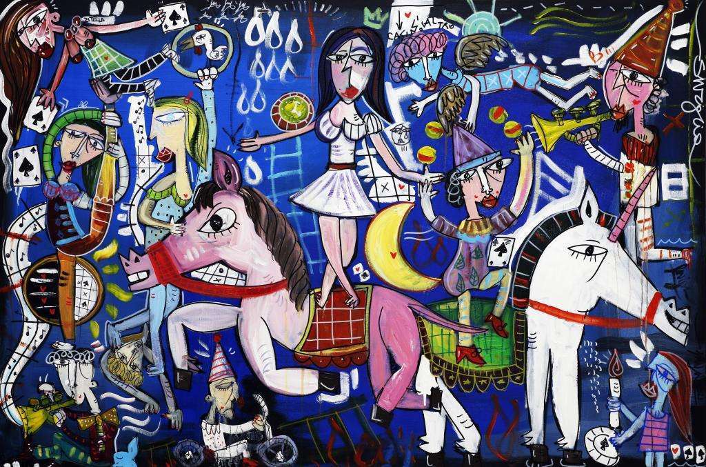 "L'altro Casino" farbenfrohes modernes Kunstwerk auf Leinwand, das eine Zirkusszene in einem dynamischen zeitgenössischen Stil zeigt, sehr unterhaltsames Gemälde, ideal für die Einrichtung des Wohnzimmers oder des Büros eines Kreativunternehmens