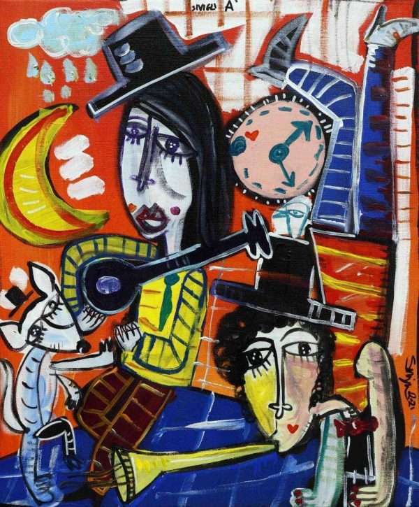dipinto originale contemporaneo con due musicisti di strada