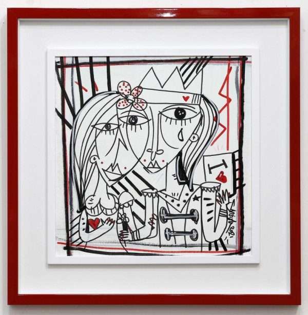 Quadro moderno con cornice rosso forte dipinto unico su tela Alessandro Siviglia quadri dipinti a mano su tela 56x55 Il Re Napoletano_con cornice