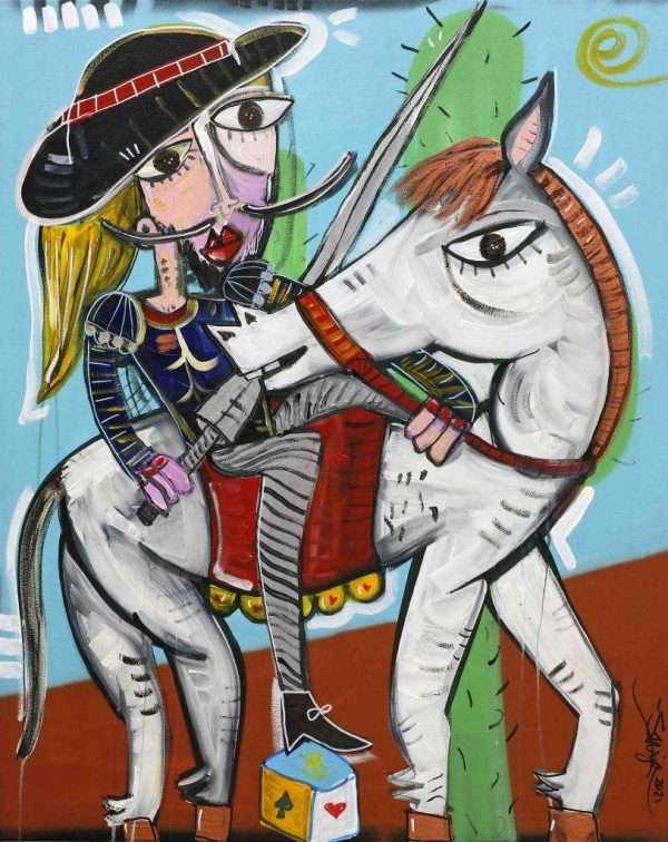 bellissimo dipinto di Don Chisciotte su un cavallo bianco
