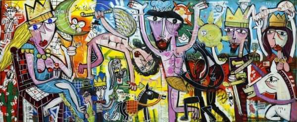 quadro moderno con Atlante che mantiene il cielo e altri dei della antica grecia in stile contemporaneo dell'artista Siviglia per arredare spazi grandi della casa e ufficio