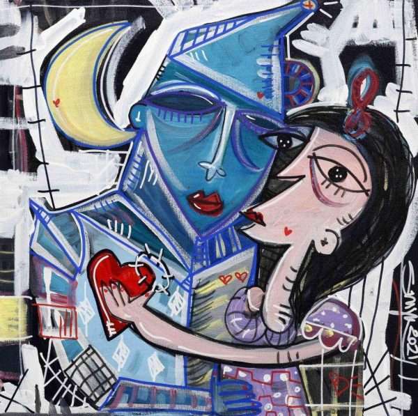 quadro moderno con l'uomo di latta dal mago di Oz che bacia Alice nel paese delle meraviglie storie fantastiche su tela raccontato dall'artista contemporaneo Alessandro Siviglia