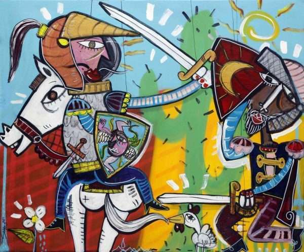 quadro moderno con pupi siciliani nel teatrino dipinto a mano con colori vivaci, dipinto unico originale dall'artista Alessandro Siviglia
