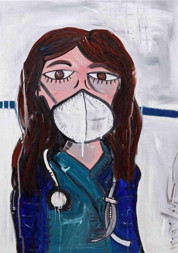 quadro moderno ritratto di medico o infermiera con mascherina che lotta contro il coronavirus un omaggio agli eroi del nostro tempo contro la pandemia Bellissima idea regalo per un medico, una dottoressa o un'infermiera ma anche per arredare uno studio d'un medico chirurgo o per decorare la sala d'attesa.
