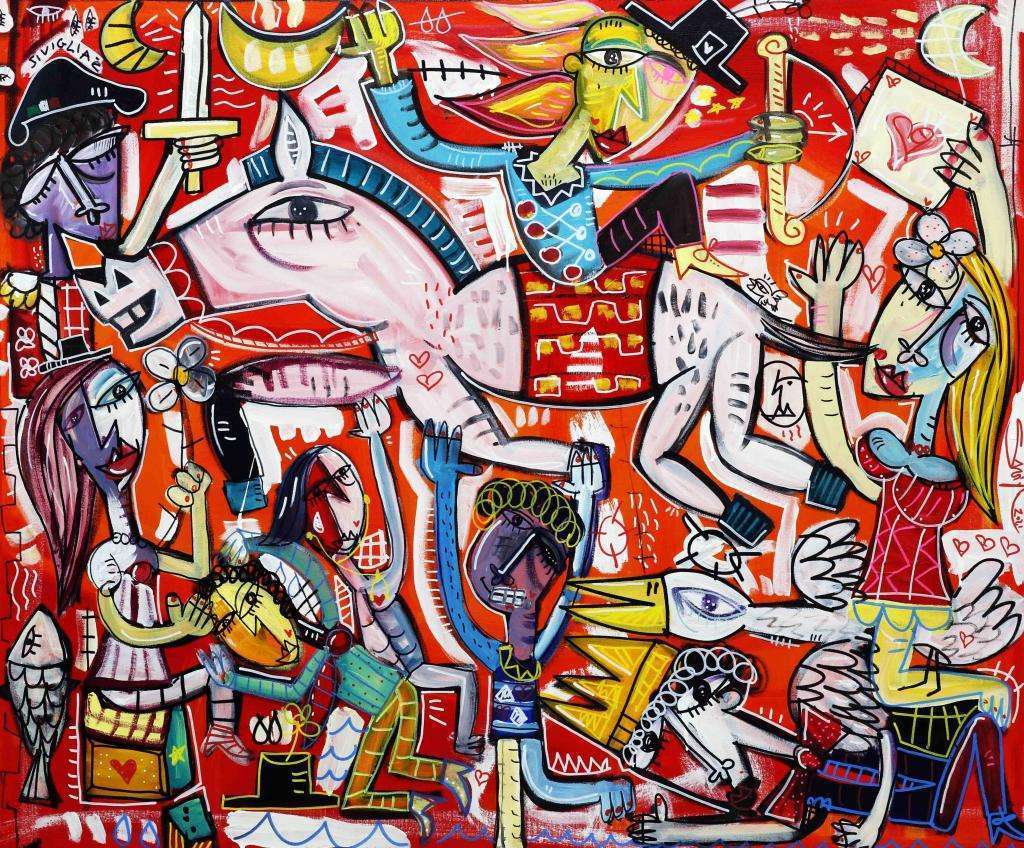 modern painting by Siviglia complex figurative scene showing Apollo on a white horse colorful cheerful artwork to decorate modern appartment with bright and large open space