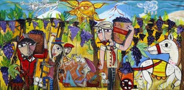 quadro moderno molto colorato con simboli Siciliani come l'Etna, il sole, il vino, la terra dipinto a mano dall'artista italiano Alessandro Siviglia ideale per decorare punto vendita di un produttore di vino o alberghi in Sicilia