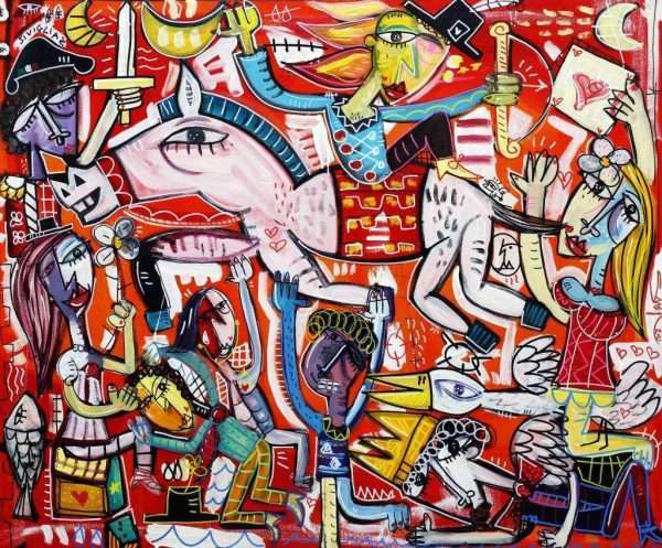 quadro moderno figurativo colorato con fondo rosso molto decorativo ideale per arredare la parete dietro il divano nel soggiorno di una casa ristrutturata
