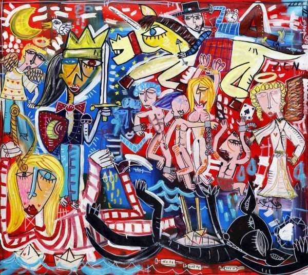 quadro moderno su tela con fondo rosso tela grande con tanti personaggi in stile figurativo cubista contemporaneo per arredare casa, decorare il soggiorno e open space dipinto a mano