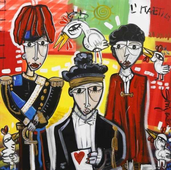 quadro moderno che rappresenta la corte dei conti con il presidente che legge il verdetto il carabiniere in alta uniforme e il valletto con il mantello rosso dipinto originale