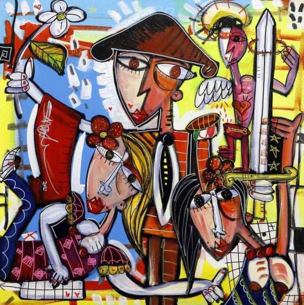 quadro moderno di Alessandro Siviglia molto colorato con torero che ricorda la Spagna romantico olio su tela colori accesi e contrasti intensi per arredare soggiorno