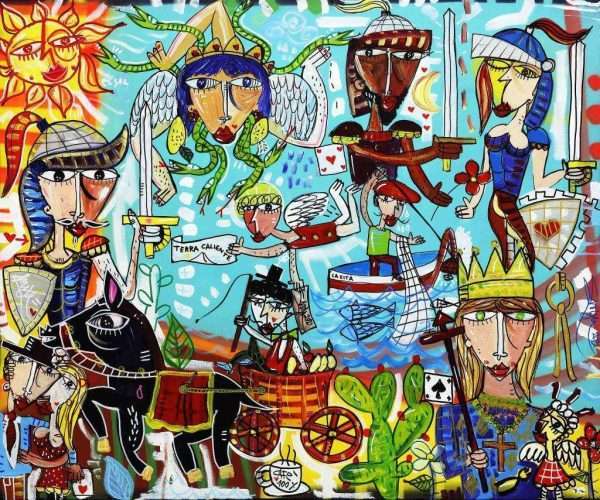 quadro moderno figurativo che rappresenta la Sicilia con trinacria, pupi siciliani, sant'agata, agricoltore con il carretto siciliano, il pescatore con la coppola su fondo azzurro
