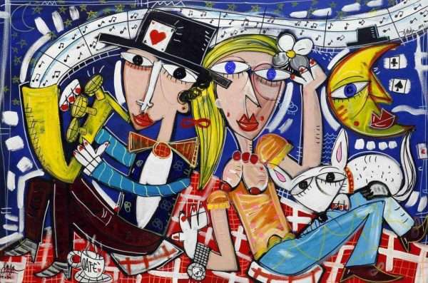 quadro moderno con fondo blu ritratto di coppia innamorata con suonatore di sax quadro ideale per musicisti o come regalo nozze quadro originale olio su tela grande