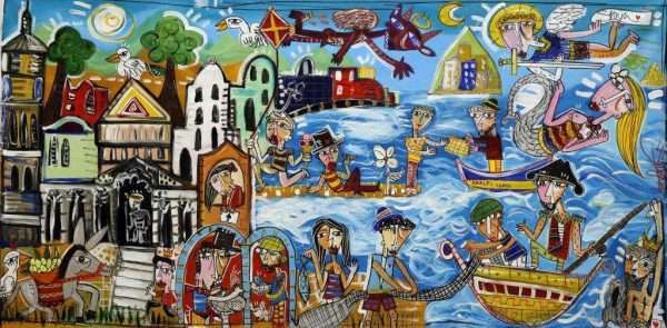 quadro moderno della costiera Amalfitana con la scala di Amalfi, il mare, Capri, diversi personaggi come pescatori, pizzaioli, turisti, barche in stile contemporaneo naiif, art brut