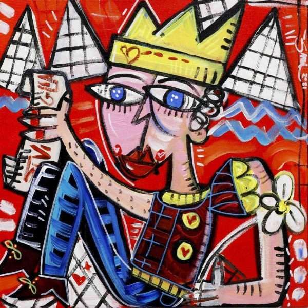 quadro moderno di piccolo formato quadrato con fondo rosso che raffigura un re con delle piramidi nello sfondo il quadro rappresenta un costruttore o architetto di successo