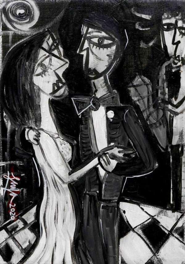 quadro moderno dipinto in bianco e nero quadro piccolo ideale regalo per gli sposi ritratto di sposi che ballano con musicista che suona il sax quadro per matrimonio