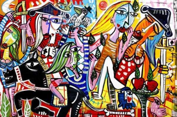 quadro moderno su tela grande con tanti personaggi scena figurativa complessa e colorata quadro per soggiorno molto decorativo