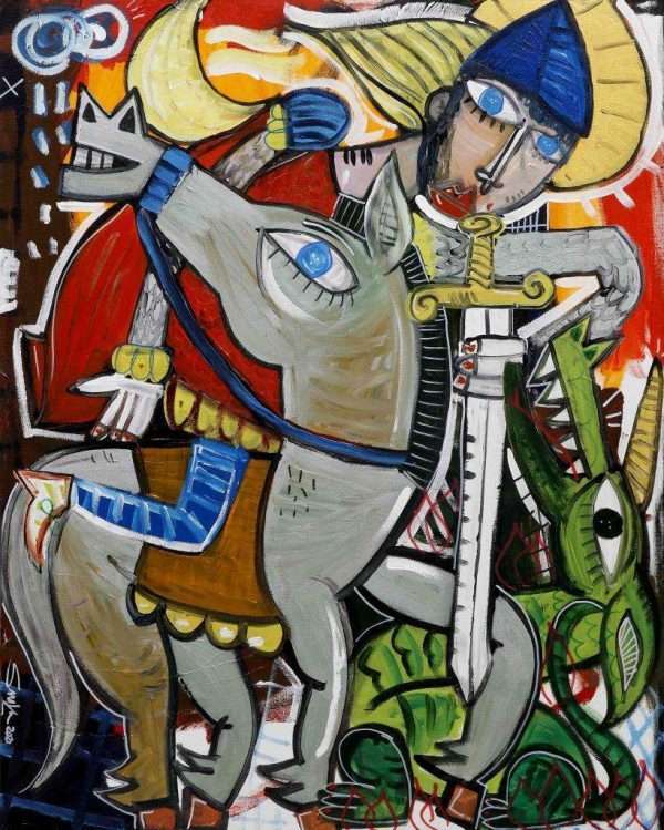 quadro moderno con San Giorgio che uccide il drago con la spada dipinto con colori intensi scena medievale in stile contemporaneo