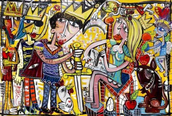 quadro moderno grande con colori allegri e solari scena figurativa come nelle favole ideale per arredare soggiorno di casa