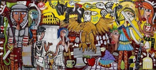 quadro moderno grande su Roma con Colosseo soldato romano la lupa ecc. per la reception di un albergo grande a Roma