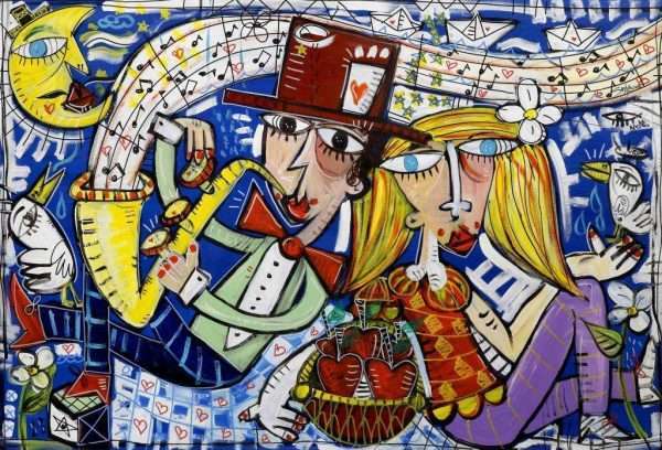 quadro moderno molto grande e romantico con colori vivaci e scena allegra coppia d'innamorati sotto la luna idea regalo matrimonio