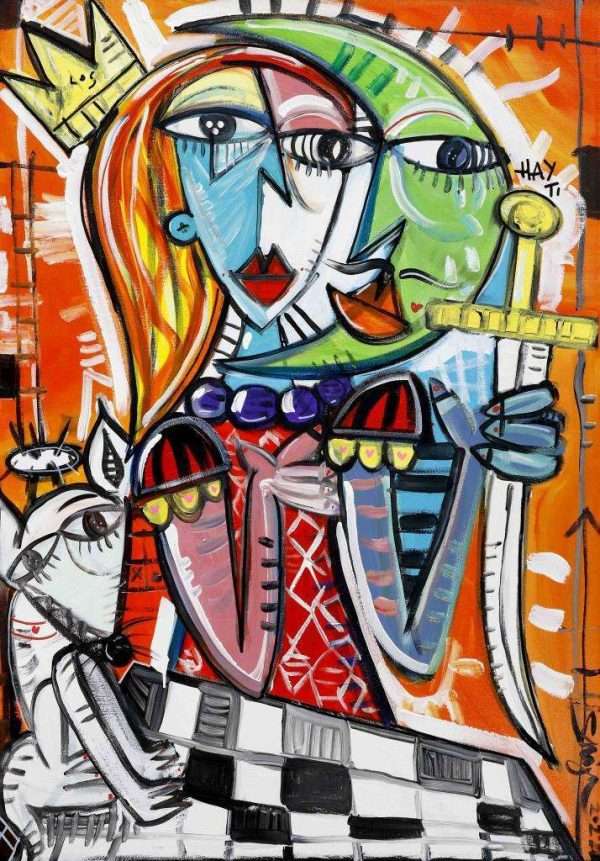 quadro moderno ritratto di donna in stile cubista con cagnolino su fondo arancione quadro colorato e molto decorativo