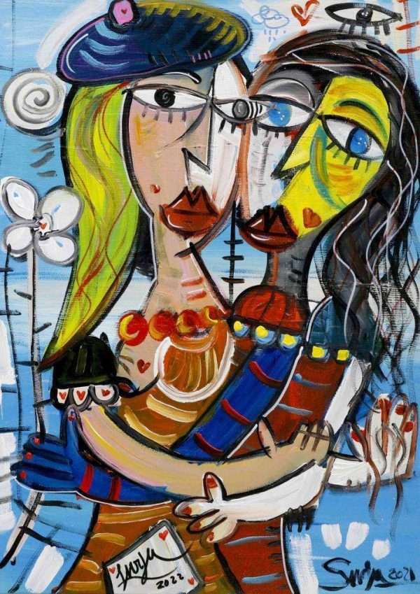 quadro moderno ritratto di due donne una bionda una scura che si abbracciano quadro su amicizia e complicità fra donne ideale come regalo alla migliore amica o per arredare casa ufficio o studio