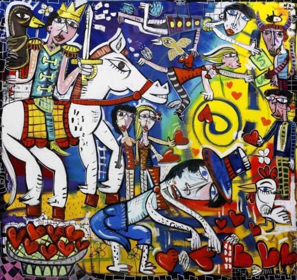 Quadro campo dei fiori, sfondo blu con cavalli