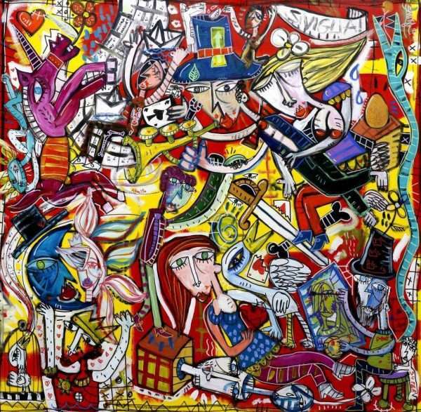 quadro moderno molto grande formato quadrato con scena figurativa complessa e colorata quadro decorativo e dinamico