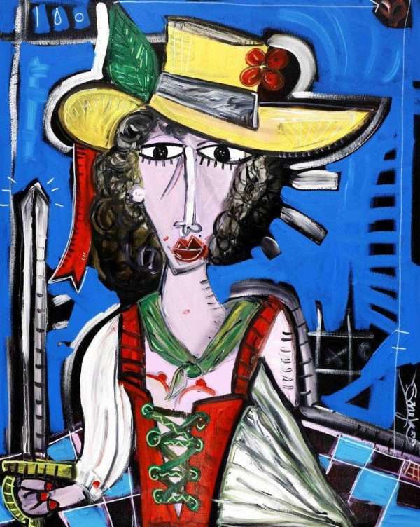 quadro moderno con ritratto di donna su fondo blu del romanticismo e Sturm und Drang quadro per casa arredata con mobili antichi