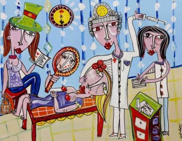 quadro moderno figurativo per studio medico chirurgo e per chirurgo plastico con scena simpatica di un intervento di chirurgia estetica