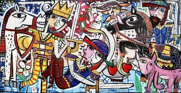 quadro moderno formato grande con battaglia medievale in stile contemporaneo dipinto sulla guerra e pace