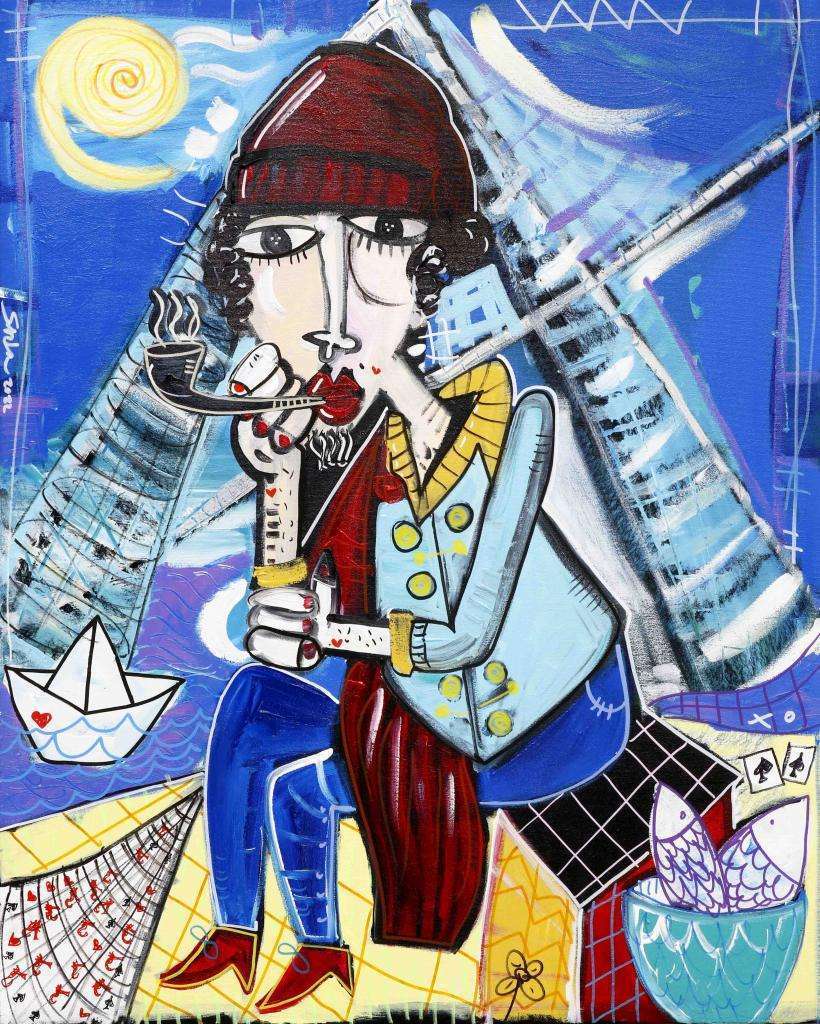modern painting portrait of a fisherman lovely painting for decorating a beach house or hotel room at the sea